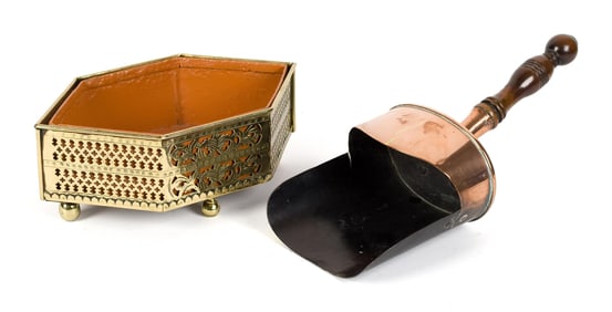 ANTIQUE COPPER COAL SCOOP AND BRASS JARDINERE.
