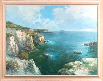 WILLIAM VISENTIN OIL ON CANVAS, SUNLIT CLIFFS.