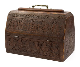 19TH C. PERSIAN CARVED WOOD TRAVELING BOX.