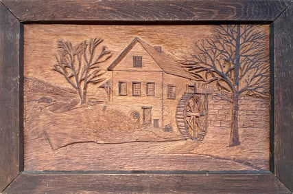 ANTIQUE CARVED WOODEN PLAQUE, GRIST MILL.