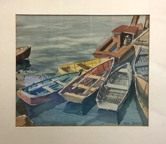 PAUL SAMPLE WATERCOLOR, ROWBOATS.
