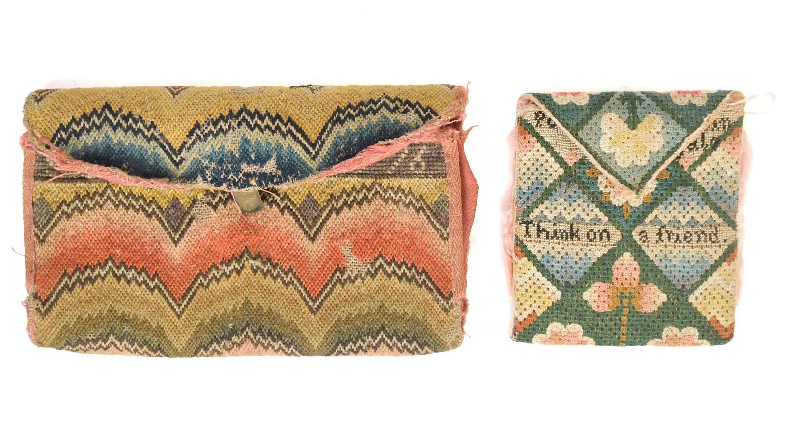 TWO ANTIQUE FLAME STITCH PURSES. (1 of 7)