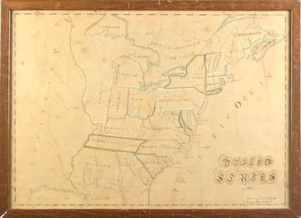 19TH C. PENCIL AND INK MAP OF THE US EAST COAST.: A 19th C. pencil and ink map of the US East Coast, made by Clara Philbrick of Weare NH. Made in the later half of the 19th C. Image 19” x 27”, Overall in frame 21” x 29”.Proven