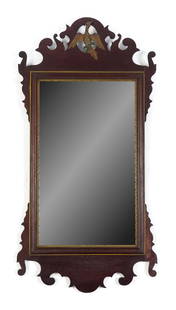 EXCEPTIONAL 18TH C. CHIPPENDALE MIRROR.: A ca. 1780-1800 Chippendale American walnut wall mirror with original finish. A well-carved crest with a gilt and green-painted pierced phoenix bird, parcel gilt mirror liner retaining original mirror
