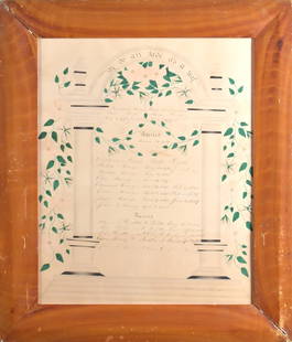 19TH C. PHILADELPHIA MUZZY FAMILY REGISTER.: A ca. 1842 Philadelphia watercolor and graphite family register, the Muzzy family, drawn by J. Holton November, 1842. Contained in a grain-painted frame and protected under glass. Image 17.5&#8221; x