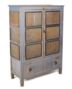 19TH C. BLUE-GRAY PAINTED PIE SAFE.: A ca. 1830&#8216;s gray-painted pie safe with two pierced tin door and pierced tin sides, over a single dovetailed drawer below, on straight square legs, 56&#8221;H x 40.5&#8221;W x 17&#8221;D. Goodno