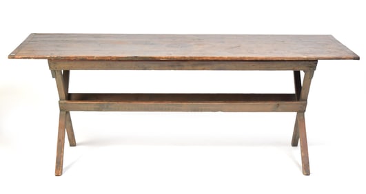 19TH C. COUNTRY PAINTED SAWBUCK TABLE.