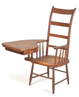 19TH C. WRITING ARM WINDSOR CHAIR.: A ca. 1830-1850 writing arm Windsor chair, with thumb and 4 slat ladder back, large pine writing arm surface with drawer underneath, single board pine seat, bamboo turned legs. 50&#8221;H x 36&#8221;W