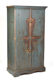 19TH C. BLUE PAINTED FOUR DOOR FLOOR CUPBOARD.