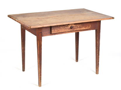 19TH C. COUNTRY RED-PAINTED TAVERN TABLE.: A ca. 1800-1820 New England red-painted country Federal tavern table with a two board, and one dove-tailed drawer in front apron, on hard yellow pine tapered legs, 29&#8221;H x 42.5&#8221;W x 27.5&#82