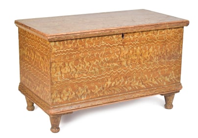 1867 PAINTED DECORATED BLANKET BOX, ORIGINAL PAINT.