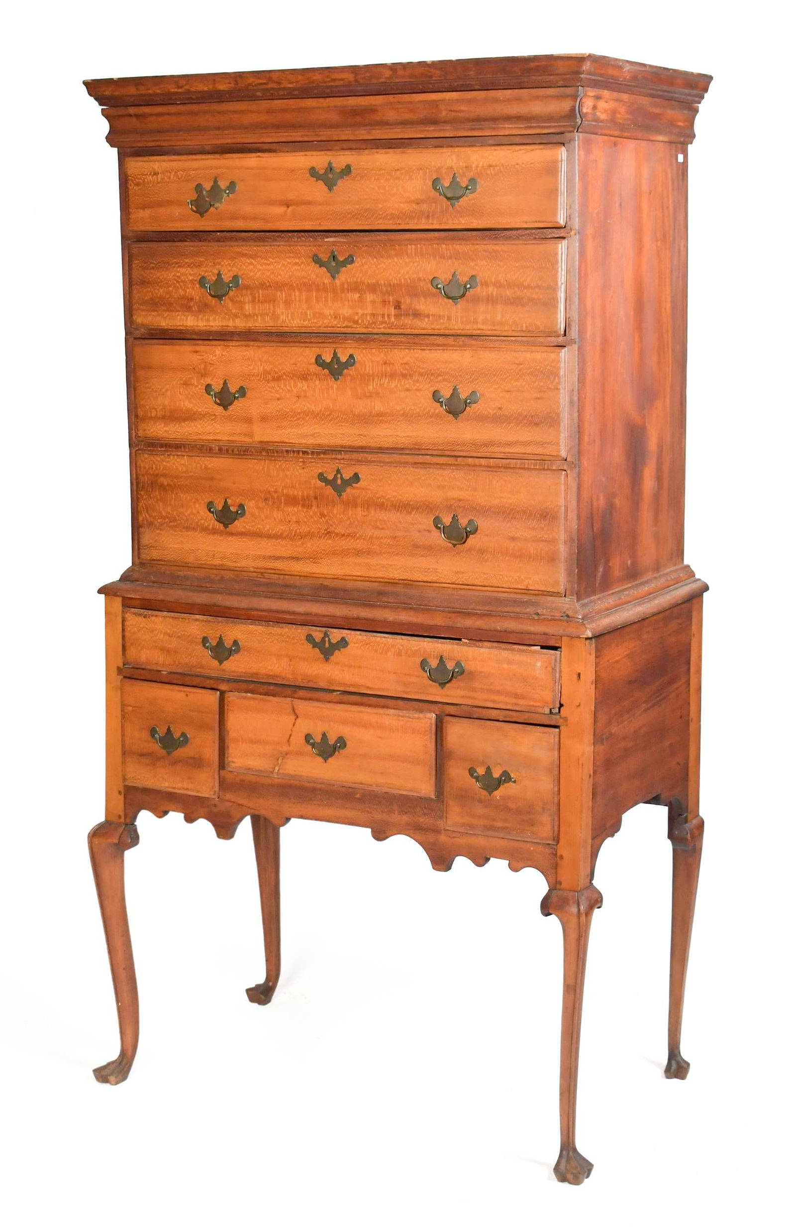 18TH C. TWO PART SYCAMORE QUEEN ANNE HIGHBOY. (1 of 14)
