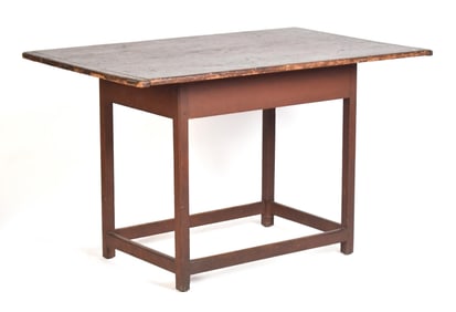 18TH C. SINGLE TOP BOARD RED PAINTED TAVERN TABLE.