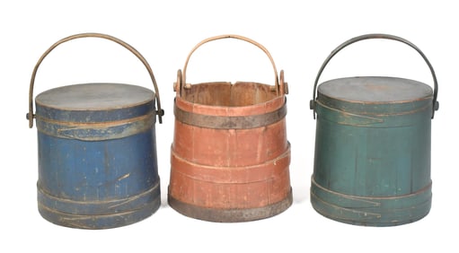 TWO 19TH C. PAINTED FIRKINS AND A SAP BUCKET, 3PCS.