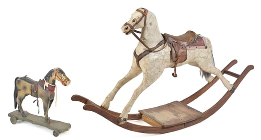 ANTIQUE ROCKING HORSE AND PULL TOY, 2PCS.