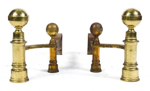 19TH C. MOLINEUX BOSTON SIGNED FEDERAL ANDIRONS.: A pair of Federal Boston brass andirons, signed Molineux Boston (John Molineux active 1800-1820),13.5&#8221;H x 25&#8221;L (dogs). Property of a VT collector.