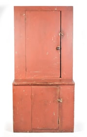 19TH C. RED PAINTED SET BACK CUPBOARD.