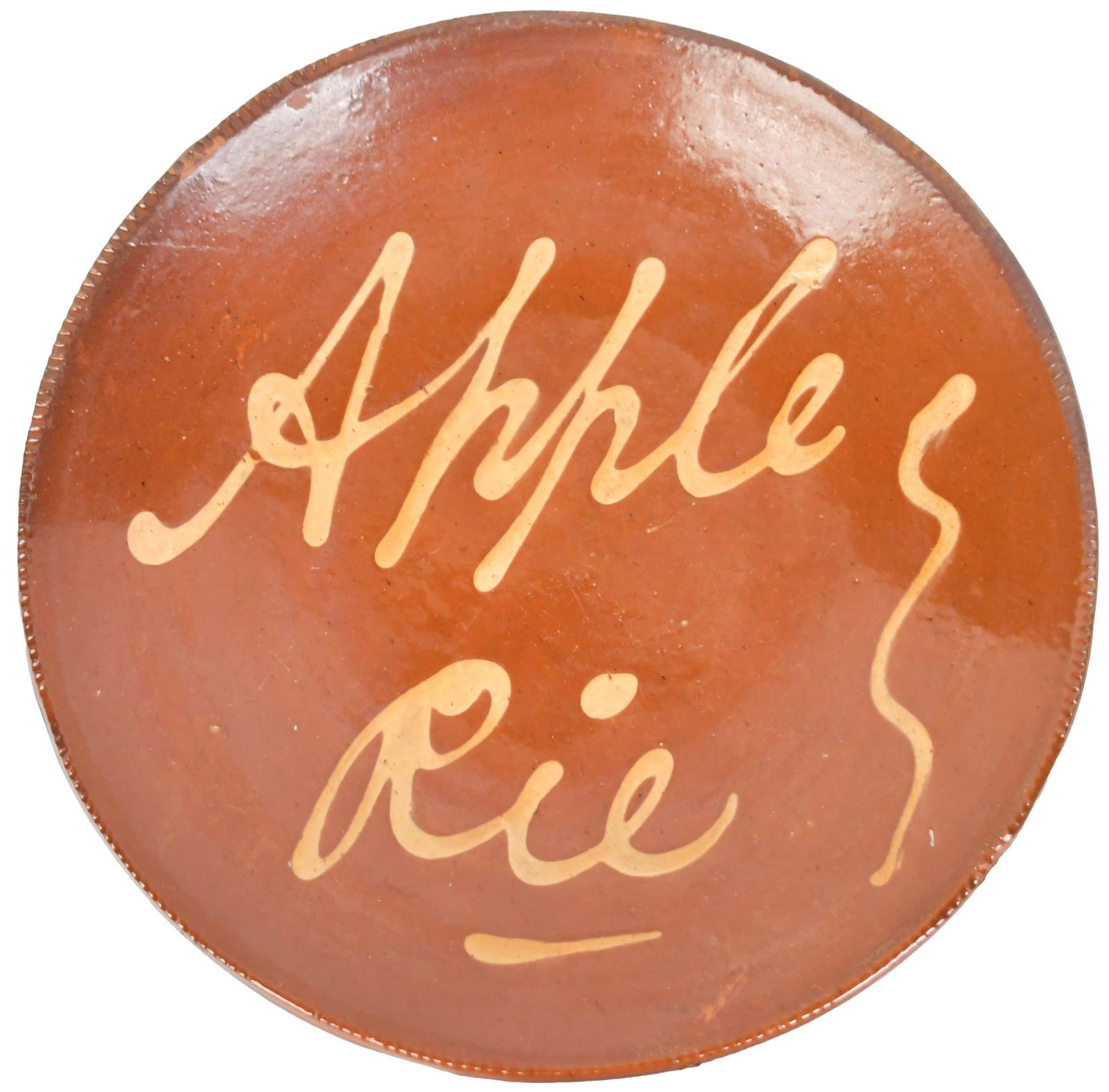 19TH C. AMERICAN REDWARE PLATE, APPLE PIE.: Likely mid-19th C., Connecticut origin, circular redware dish, decorated with yellow slip ‘Apple Pie’.10.25” dia.