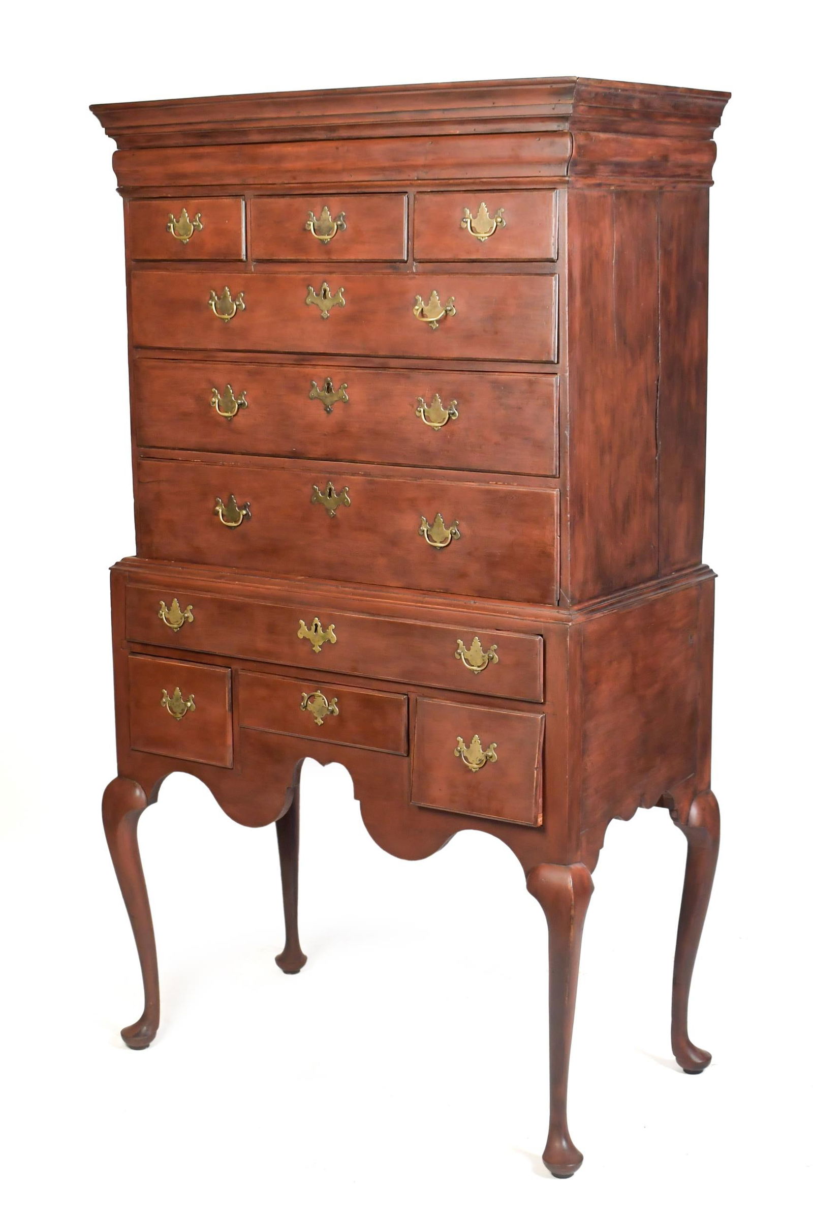 18TH C. QUEEN ANNE HIGHBOY IN RED PAINT. (1 of 15)