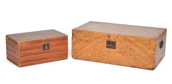 TWO 19TH C. PAINT DECORATED STORAGE BOXES.