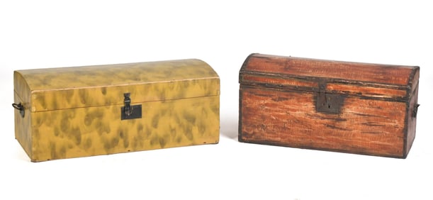 TWO 19TH C. PAINT DECORATED DOME-TOP STORAGE BOXES.
