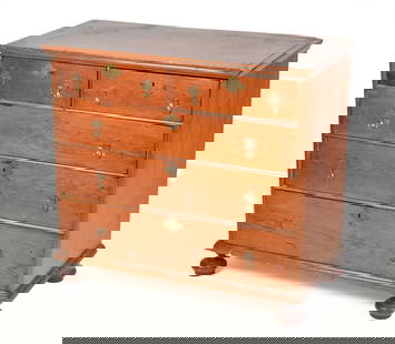 18TH C. PINE BALL FOOT CHEST.: A ca. 1720-40 New England pine chest with a dovetailed case, apply molded top, two short over three long dovetailed drawers with tear drop poles on a compressed ball foot, 34.5&#8221;H x case 35.25&#8