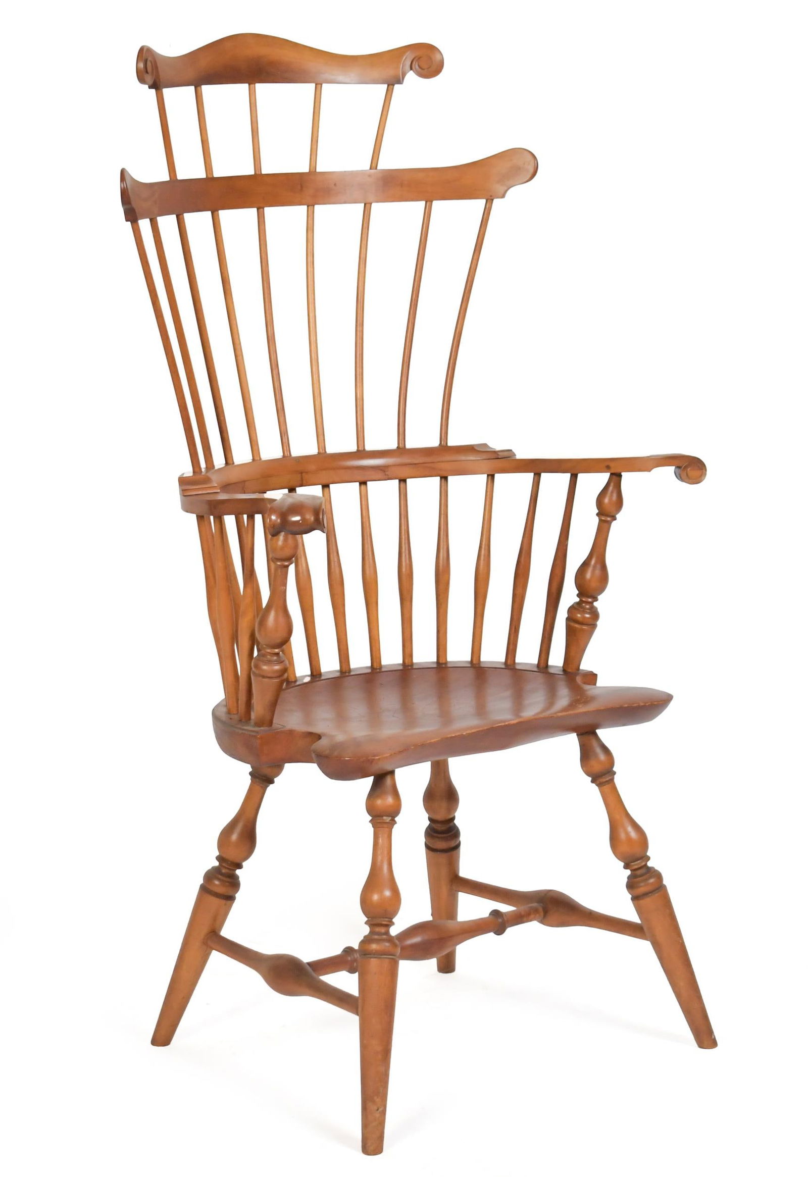 WALLACE NUTTING COMB AND FAN BACK ARMCHAIR.: Early 20th C. Wallace Nutting cherry armchair with a comb and fan back and a pine saddle seat on vase and ring turned legs, branded Wallace Nutting on underside of seat, 48.5”H x 26.5”W x