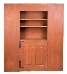 18TH C. NEW ENGLAND FLOOR CUPBOARD IN RED PAINT.