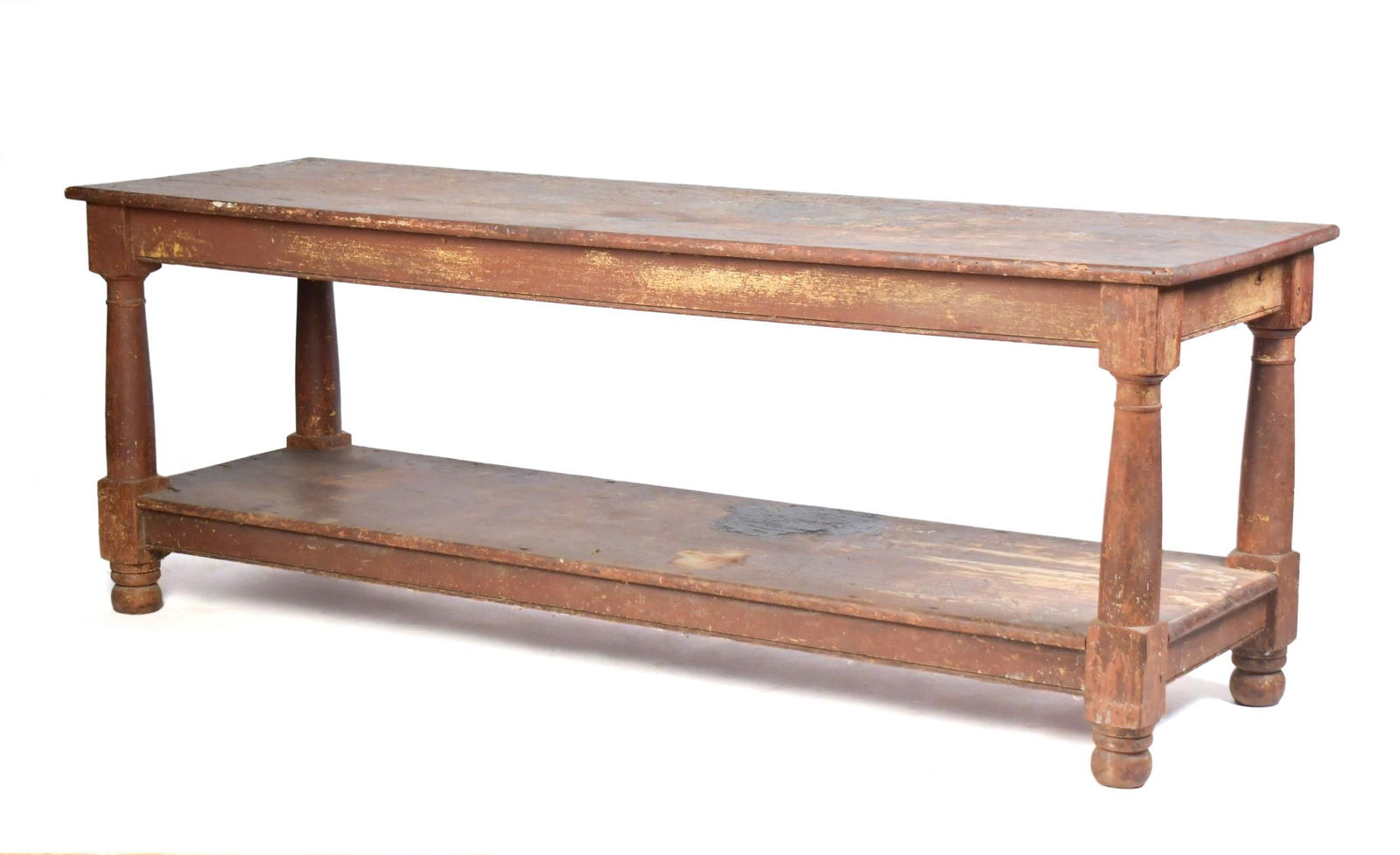 19TH C. COUNTRY STORE TWO TIER TABLE. (1 of 11)