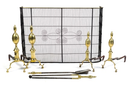 TWO PR OF 19TH C. FEDERAL ANDIRONS & SCREEN, 7 PCS.