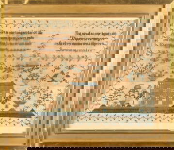 19TH C. AMERICAN SCHOOL NEEDLEWORK SAMPLER.: A fine needlework sampler, the work of Ann Hammett, 1827 with verse, house, butterfly's and flowers. Image 12.5&#8221; x 16&#8221; frame 17.5&#8221; x 20.5&#8221;. Property of a VT collector.