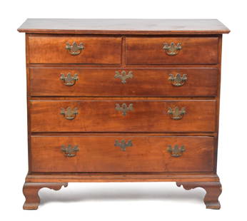 18TH C. CHIPPENDALE CHERRY CHEST.: A ca. 1785 PA Chippendale cherry chest with a molded top two short over three long dovetailed drawers on a bold ogee bracket base, 36&#8221;H x case 37&#8221;W x 17&#8221;D. Provenance: The estate of