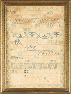 18TH C. AMERICAN NEEDLEWORK SAMPLER.: A ca. 1743 embroidered alpha-numerical needlework sampler, work of Martha ??. Image 10.5&#8221; x 7.5&#8221;, Overall in frame 12&#8221; x 9&#8221;. Provenance: Property of a life long VT collector.