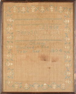 EARLY 19TH C. NEEDLEWORK SAMPLER, MARY OGDEN.: A ca. 1804 embroidered alpha-numerical needlework sampler, Mary Ogden, finished in the tenth year of her age, 1804. Image 15.5&#8221; x 12.5&#8221;, Overall in frame 16.25&#8221; x 13.25&#8221;. Prove