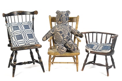 THREE CHILD’S CHAIRS WITH HOMESPUN PILLOWS AND BEAR.