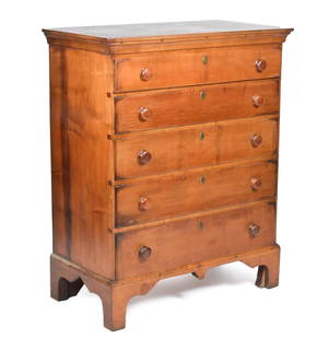 NH CHIPPENDALE MAPLE TALL CHEST.: An 18th C. New England graduated five drawer maple tall chest with an applied cornice moulding and bracket base, 47.25”H x 35.75”W (case) x 38.5”W x 20”D.
