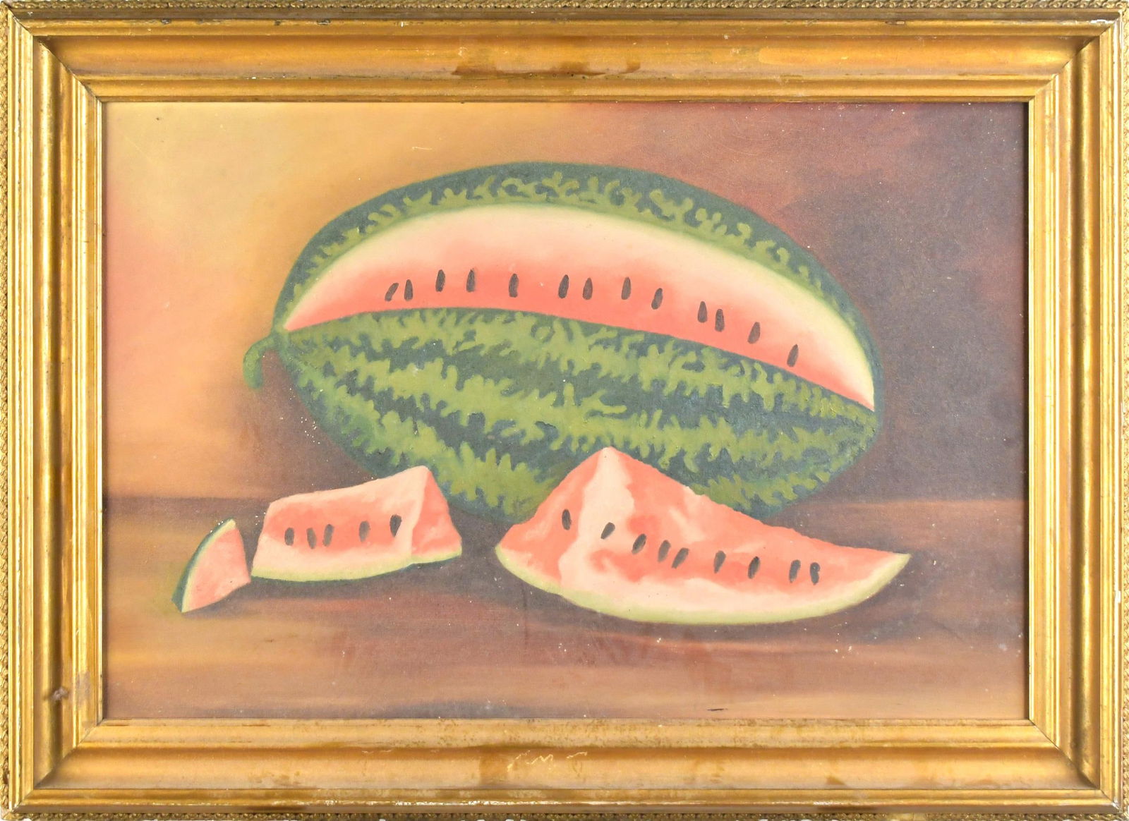 ANTIQUE WATERMELON STILL LIFE PAINTING. (1 of 8)