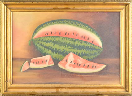 ANTIQUE WATERMELON STILL LIFE PAINTING.: A late 19th C. American school oil on academy board still life of watermelon, unsigned in a period frame.Image 12&#8221; x 18.25&#8221;, Overall in frame 16&#8221; x 22&#8221;. Provenance: The Estate