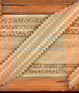 19TH C. AMERICAN NEEDLEWORK SAMPLER.: A 19th C. embroidered alpha-numerical American needlework sampler, Eliza Imfeld. Image 9.5&#8221; x 7.5&#8221;, Overall in frame 13.5&#8221; x 11.5&#8221;. Provenance: Property of a life long VT colle