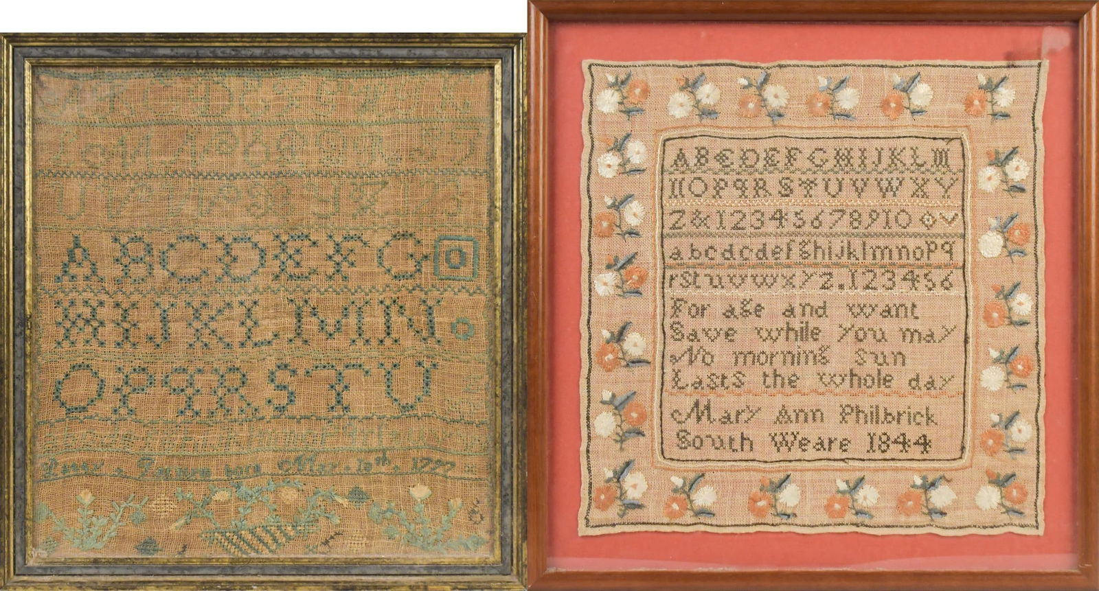 18TH AND 19TH C. NEEDLEWORK SAMPLERS, 2 PCS.: An alpha-numerical 19th C. embroidered needlework sampler, wrought by Mary Ann Philbrick South Weare NH 1844, image 12” x 11.5”, Overall in frame 14.75” x 14.25”. Accompanied b
