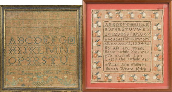 18TH AND 19TH C. NEEDLEWORK SAMPLERS, 2 PCS.: An alpha-numerical 19th C. embroidered needlework sampler, wrought by Mary Ann Philbrick South Weare NH 1844, image 12&#8221; x 11.5&#8221;, Overall in frame 14.75&#8221; x 14.25&#8221;. Accompanied b