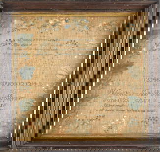 19TH C. NEW ENGLAND NEEDLEWORK SAMPLER.: An 1825 needlework sampler, wrought by Sally Pollard Berlin, June 1825, aged 11 years. Floral border, with verse alphabet and more. Image 16&#8221; x 16&#8221;, Overall in frame 19.5&#8221; x 19.5&#82