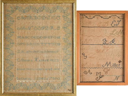 ALMIRA HASKELL NEEDLEWORK SAMPLER AND OTHER.: A 19th C. American school alpha-numerical needlework sampler, the work of Almira Haskell, 1823, 14.75&#8221; x 11.5&#8221;, overall in frame 15.75&#8221; x 12.5&#8221;. Along with other 19th C. needle