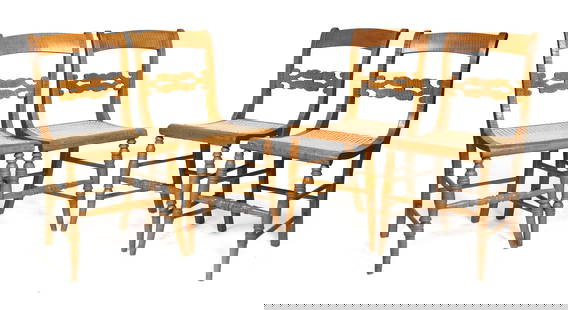 19TH C. AMERICAN TIGER MAPLE SHERATON FANCY CHAIRS.: A set of four 19th C. tiger maple American &#8216;Fancy&#8217; Sheraton side chairs with carved seat backs and caned seats, on turned legs,33&#8221;H X 17&#8221;W X 17&#8221;D.