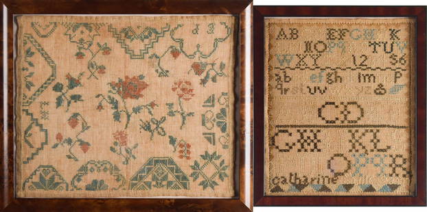 TWO 19TH C. NEEDLEWORK SAMPLERS.: A 19th C. alpha-numerical needlework sampler, work of Catherine&#8230;?, image 9.5&#8221; x 8&#8221;, overall in frame 10.25&#8221; x 9.25&#8221;. Along with English school floral and geometric exampl