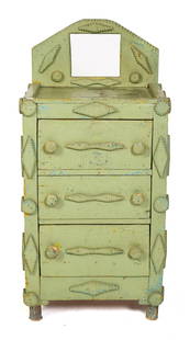 19TH C. TRAMP ART CHILDS CHEST.: An antique Tramp Art child&#8217;s size three drawer chest, painted light green over older blue paint, with an upper back splash (w/o mirror), decorated throughout with serrated heart and lozenge shap