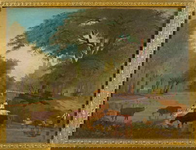19TH C. PRIMITIVE OIL, LANDSCAPE.: A 19th C. oil on paper board, pastoral scene with figures watering their flock of cows and goats in a river, with a horse and carriage, and a bridge in background, Frame 17.5&#8221; x 22.5&#8221;.