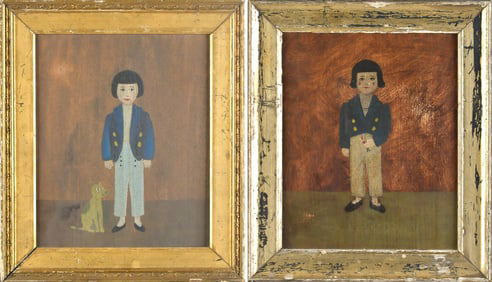 TWO ANTIQUE PRIMITIVE PORTRAITS.