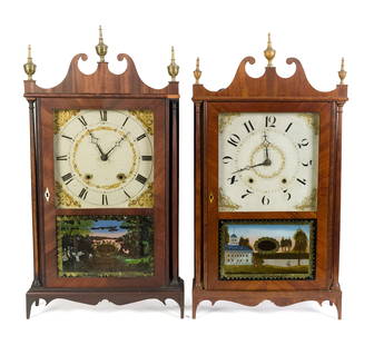 TWO 19TH C. PILLAR AND SCROLL SHELF CLOCKS.: Two early 19th C. CT pillar and scroll shelve clocks. A George Mitchall Bristol, CT example with reverse-painted state house tablet, brass finials, two weights, a pendulum and key, 31&#8221;H x 16.5&#