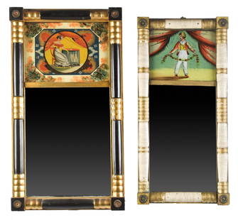 TWO 19TH C. EGLOMISE WALL MIRRORS.: Two ca. 1820-30 Federal wall mirrors, the larger example with original reverse painted tablet with woman seated in Classical chair, parcel gilt and black-painted frame, 29&#8221;H x 15.5&#8221;W. The